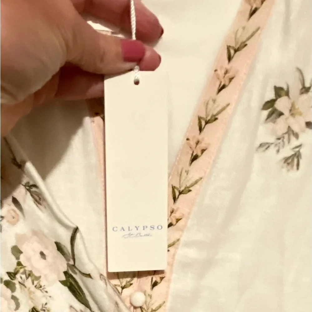Calypso St. Barth Linen Cream Floral Long-Sleeve Midi Dress L - Picture 10 of 11